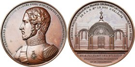 FRANCE, médaille, 1843, Caqué. Premier anniversaire de la mort du duc d'Orléans. D/ B du duc d'Orléans en uniforme à g. R/ Vue de la chapelle érigée e...