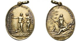 GRANDE-BRETAGNE, Vermeil médaille, vers 1820. The Beggars' Benison Club. D/ BE FRUITFULL AND MULTIPLY Adam et Eve se donnant la main, un lion à leurs ...