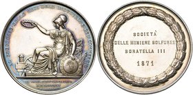 ITALIE, AR médaille, 1871, Girometti. Société des mines de soufre Boratella 3. D/ Athéna assise à g., une couronne dans la main d. A ses pieds, les sy...