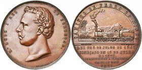 PORTUGAL, AE médaille, 1875, Molarinho. Chemin de fer du Minho. D/ D. LUIZ I REI - DE PORTUGAL T. nue à g. R/ CAMINHO DE FERRO DO MINHO Locomotive rou...