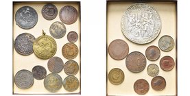 lot de 24 p. et jetons, dont: Allemagne, médaille religieuse, la Nativité (AR, 58 mm, copie); Danemark, 1 rigsbank skilling, 1813 (3); Indes néerlanda...