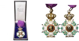 BELGIQUE, Ordre de Léopold. Croix de commandeur à titre civil, modèle unilingue en métal doré. Avec ruban. Ecrin Wolfers.