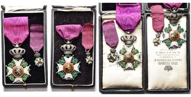 BELGIQUE, lot de 2 croix de chevalier de l'Ordre de Léopold à titre civil, en argent, avec miniatures et documents d’attribution à deux citoyens franç...