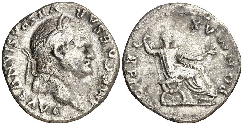 (74 d.C.). Vespasiano. Denario. (Spink 2300 var) (S. 364) (RIC. 702). 3,18 g. MB...