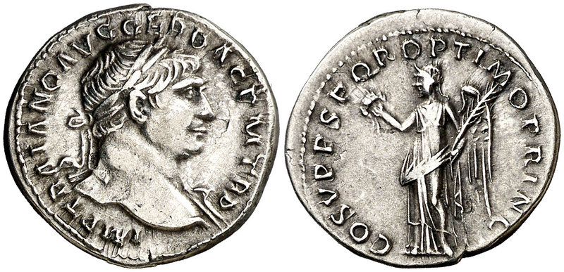 (107 d.C.). Trajano. Denario. (Spink 3129) (S. 74) (RIC. 128). 3 g. Ex Colección...