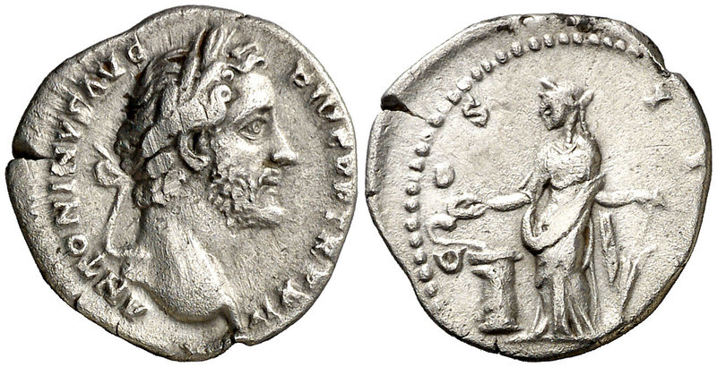 (148-149 d.C.). Antonino pío. Denario. (Spink 4075) (S. 281) (RIC. 181). 2,54 g....