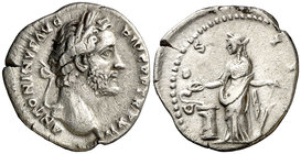(148-149 d.C.). Antonino pío. Denario. (Spink 4075) (S. 281) (RIC. 181). 2,54 g. MBC.