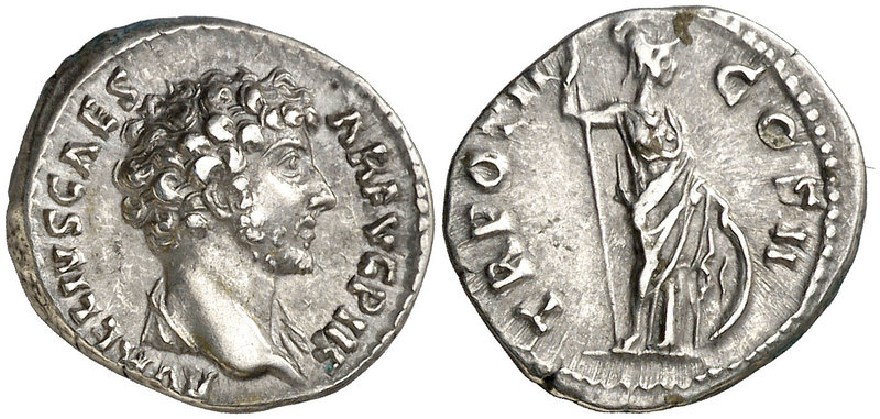 (148 d.C.). Marco Aurelio. Denario. (Spink 4787) (S. 608) (RIC. 438b, de Antonin...