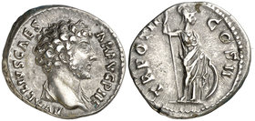 (148 d.C.). Marco Aurelio. Denario. (Spink 4787) (S. 608) (RIC. 438b, de Antonino pío). 3,44 g. Ex Colección Manuela Etcheverría. EBC-/MBC+.