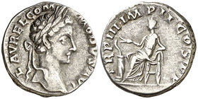 (178 d.C.). Cómodo. Denario. (Spink 5702 var) (S. 762b var) (RIC. 649 var, de Marco Aurelio). 2,57 g. MBC.