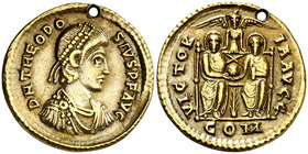 (380-382 d.C.). Teodosio I. Milán o Aquileia. Sólido. (Spink 20416) (Co. 37) (RIC. 5f). 4,39 g. Perforación. (MBC+).