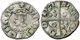 Jaume II (1291-1327). Barcelona. Diner. (Cru.V.S. 348.1) (Cru.C.G. 2162a). 1,26 g. Letras A dubitativas excepto la primera del reverso, latina al igua...