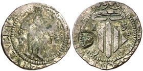 1598. Perpinyà. Doble sou. (Cru.L. 1951) (Cru.C.G. 3806a). 3,22 g. Contramarca: cabeza de San Juan, realizada en 1603. MBC.