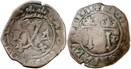 s/d. Juana y Carlos. Santo Domingo. F. 4 maravedís. (Cal. 211). 3,29 g. Abombada. Escasa. (BC+).