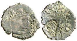 (1)60(...). Felipe III. Banyoles. 1 diner. (Cru.L. 1061) (Cru.C.G. 3661 var). 0,91 g. Contramarca: cabeza de fraile, realizada en 1605. Rara. MBC.