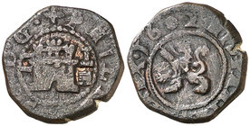 1602. Felipe III. Segovia. Castillejo. 2 maravedís. (Cal. 828). 1,94 g. Escasa. MBC-.