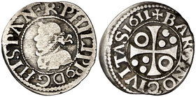 1611. Felipe III. Barcelona. 1/2 croat. (Cal. 534) (Cru.C.G. 4342). 1,43 g. Letras A sin travesaño. Ex Áureo & Calicó 04/07/2018, nº 1302. BC+/MBC-....