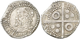 1609. Felipe III. Barcelona. 1 croat. (Cal. 428) (Cru.C.G. 4339 falta var). 3,08 g. Busto de Felipe II. Cospel irregular. Rara. (MBC+).