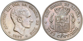 1877. Alfonso XII. Barcelona. OM. 10 céntimos. (Cal. 67). 9,91 g. Ex Colección Manuela Etcheverría. MBC+.