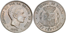 1878. Alfonso XII. Barcelona. OM. 10 céntimos. (Cal. 68). 9,69 g. Ex Colección Manuela Etcheverría. MBC+.