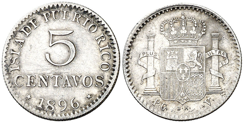 1896. Alfonso XIII. Puerto Rico. PGV. 5 centavos. (Cal. 86). 1,27 g. Rayitas. Es...