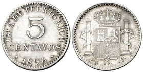 1896. Alfonso XIII. Puerto Rico. PGV. 5 centavos. (Cal. 86). 1,27 g. Rayitas. Escasa. MBC-.