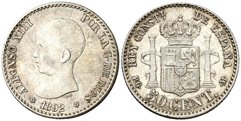 1892*92. Alfonso XIII. PGM. 50 céntimos. (Cal. 55). 2,55 g. Leves marquitas. Bel...