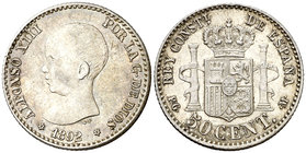 1892*92. Alfonso XIII. PGM. 50 céntimos. (Cal. 55). 2,55 g. Leves marquitas. Bella pátina. Parte de brillo original. EBC+/S/C-.