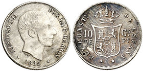 1885. Alfonso XII. Manila. 10 centavos. (Cal. 98). 2,60 g. Rayitas y hojita. Ex Colección Manuela Etcheverría. (EBC-).