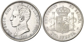 1903*1903. Alfonso XIII. SMV. 1 peseta. (Cal. 49). 4,91 g. Limpiada. Ex Colección Manuela Etcheverría. EBC-.