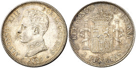 1905*1905. Alfonso XIII. SMV. 2 pesetas. (Cal. 34). 9,93 g. Rayitas. Brillo original. EBC+.
