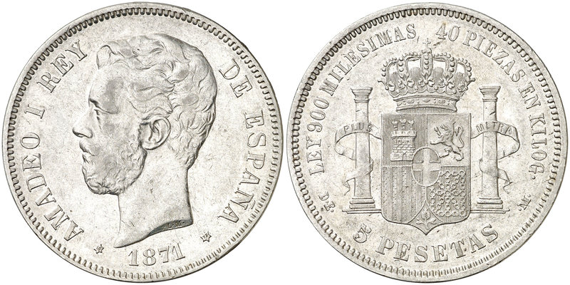 1871*1875. Amadeo I. DEM. 5 pesetas. (Cal. 12). 24,70 g. Golpecitos. Escasa. BC+...