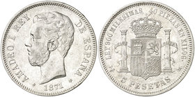 1871*1875. Amadeo I. DEM. 5 pesetas. (Cal. 12). 24,70 g. Golpecitos. Escasa. BC+/MBC-.
