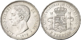 1876*1876. Alfonso XII. DEM. 5 pesetas. (Cal. 26a). 25,07 g. Leves marquitas. Ex Colección Manuela Etcheverría. MBC/MBC+.