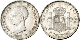 1888*1888. Alfonso XIII. MPM. 5 pesetas. (Cal. 13). 25,05 g. Limpiada. (EBC-).