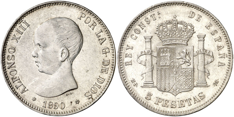 1890*1890. Alfonso XIII. MPM/DEM. 5 pesetas. (Cal. 15 var). 25,20 g. Rara rectif...