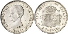 1890*1890. Alfonso XIII. MPM/DEM. 5 pesetas. (Cal. 15 var). 25,20 g. Rara rectificación de las ensayadores sobre un cuño de Alfonso XII. Limpiada. (MB...