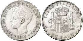 1897. Alfonso XIII. Manila. SGV. 1 peso. (Cal. 81). 24,60 g. Golpecitos. Escasa. (MBC-).
