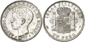 1897. Alfonso XIII. Manila. SGV. 1 peso. (Cal. 81). 24,89 g. Limpiada. Escasa. MBC.