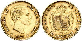 1877*1-7-. Alfonso XII. DEM. 25 pesetas. (Cal. 3). 8,04 g. MBC+.