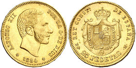 1884*1884. Alfonso XII. MSM. 25 pesetas. (Cal. 19). 8,05 g. Bonito color. Escasa. EBC-.