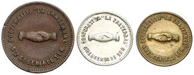 Santa Eugenia de Ter. Cooperativa "La Fraternal". 5, 10 céntimos y 1 peseta. (AL. 1974, 1975 y 1977). Lote de 3 monedas. Escasas. MBC-/MBC+.