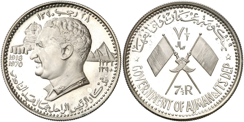 AH 1390/1970. Ajman. Rashid Bin Hamad al-Naimi. 7 1/2 riyals. (Kr. 13). 23,14 g....