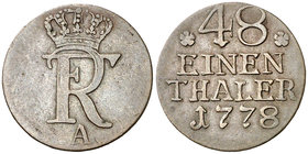 1778. Alemania. Prusia. Federico II. A (Berlín). 1/48 de taler (1/2 groschen). (Kr. 327). 1,39 g. AG. Escasa. MBC.