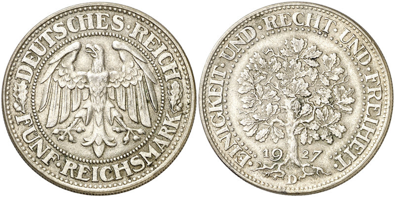 1927. Alemania. D (Múnich). 5 marcos. (Kr. 56). 24,91 g. AG. Escasa. EBC.