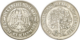 1927. Alemania. D (Múnich). 5 marcos. (Kr. 56). 24,91 g. AG. Escasa. EBC.