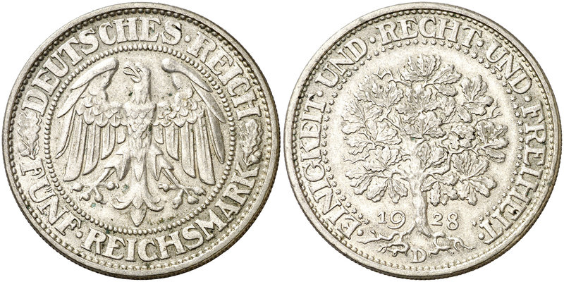 1928. Alemania. D (Múnich). 5 marcos. (Kr. 56). 25,06 g. AG. Escasa. EBC-.