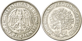 1928. Alemania. D (Múnich). 5 marcos. (Kr. 56). 25,06 g. AG. Escasa. EBC-.