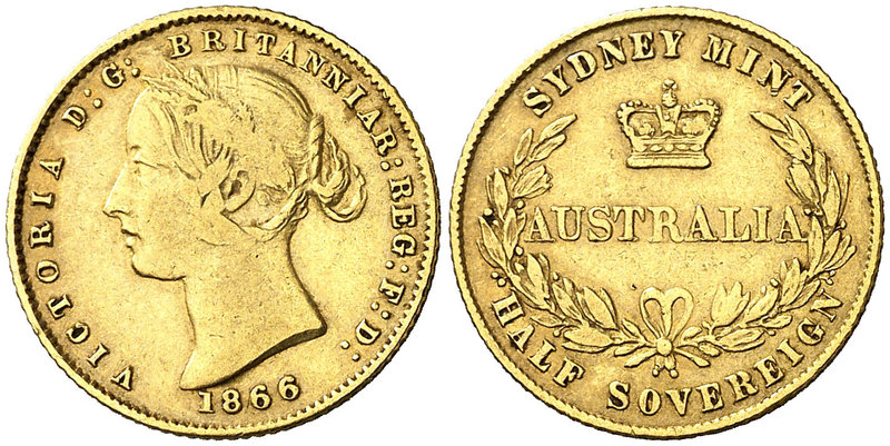1866. Australia. Victoria. Sydney. 1/2 libra. (Fr. 10a) (Kr. 3). 3,94 g. AU. Gol...