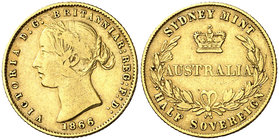 1866. Australia. Victoria. Sydney. 1/2 libra. (Fr. 10a) (Kr. 3). 3,94 g. AU. Golpecitos. Escasa. MBC-/MBC.